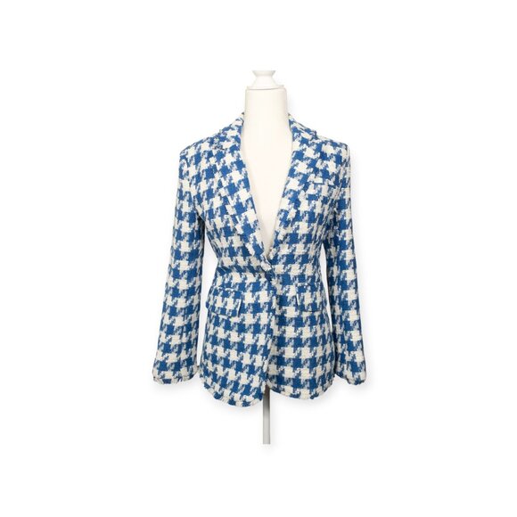 NWT Steve Madden Blue Harlow Houndstooth Blazer SZ XS Crest Button Sophisticated - Picture 1 of 14